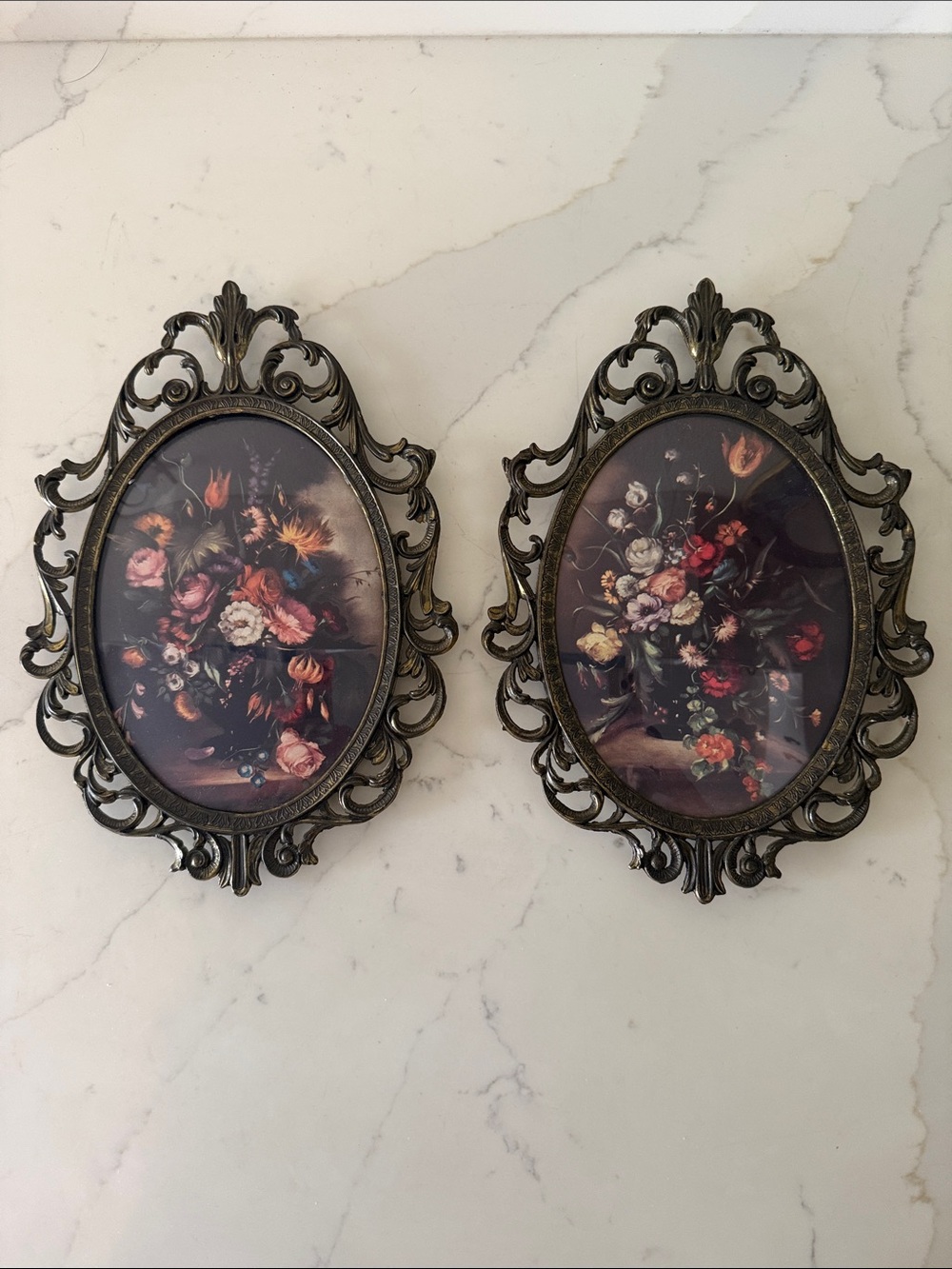 Vintage Ornate Floral Italian Pictures with Convex Glass Set of 2